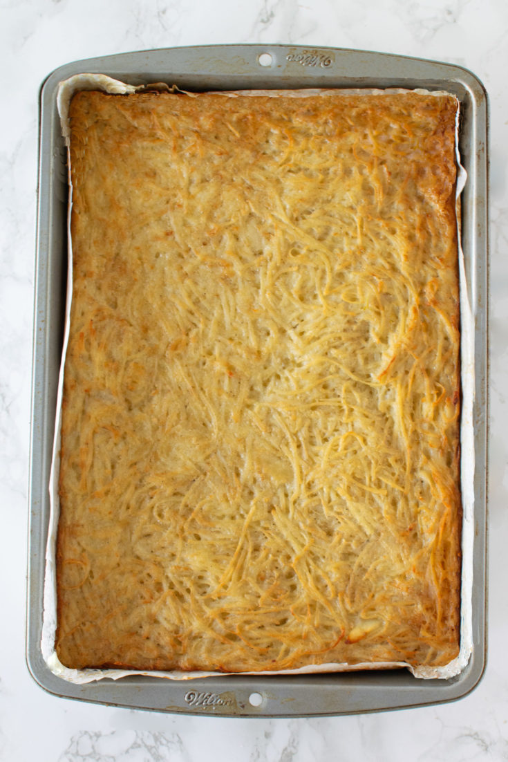 Easy Potato Kugel in a baking pan